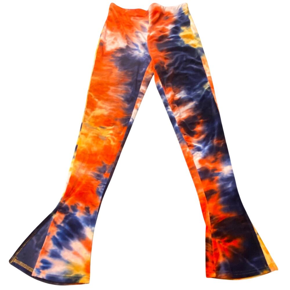 NWT SHEIN Velvet Feel Tie Dye Flare Leggings Orange Navy Size L 60s 70s Hippie
